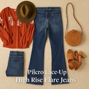 Pilcro Lace‑Up High Rise Flare Jeans Medium Wash Size 28 — 70s Boho Chic Anthro
